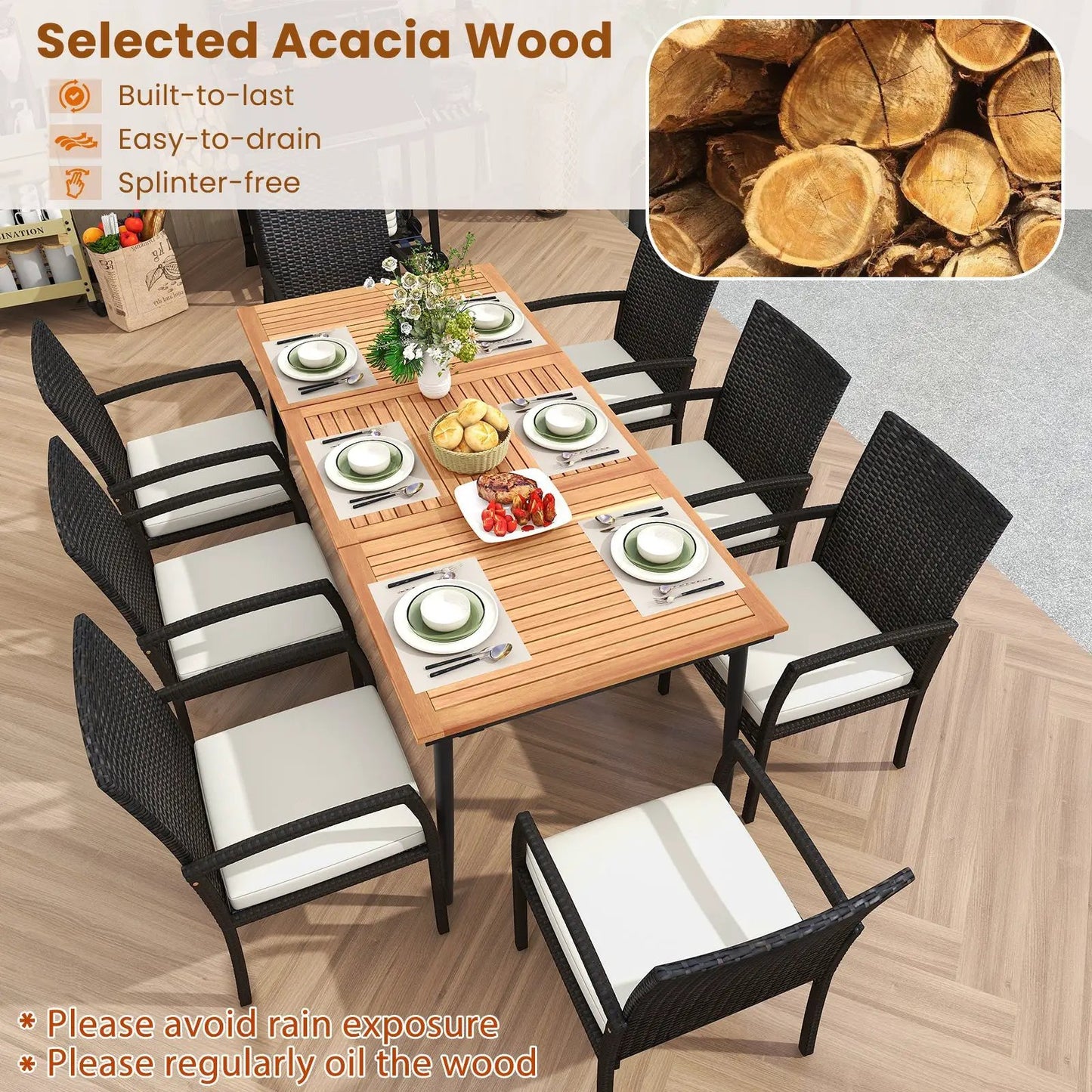 9-Piece Patio Dining Set with Umbrella Hole, acacia wood table and black wicker chairs on Tampa Home & Garden Store