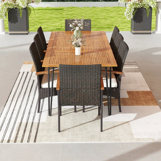 9-Piece Patio Dining Set with Umbrella Hole featuring acacia wood table and brown wicker chairs on Tampa Home & Garden Store