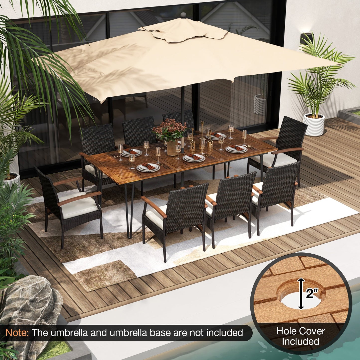 Juego de comedor de patio al aire libre de 9 piezas con mesa cuadrada de madera de acacia y agujero para sombrilla