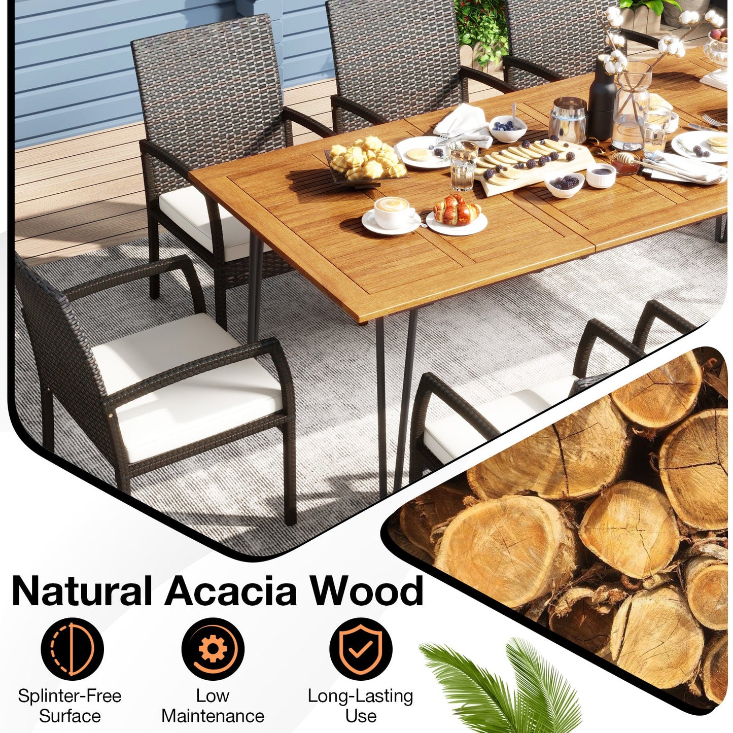 Juego de comedor para patio de 9 piezas con cojines suaves y mesa cuadrada de madera de acacia