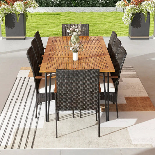 Outdoor patio dining set by DirectDeals, 9pc wicker chairs and table with cushions and umbrella on Tampa Home & Garden Store