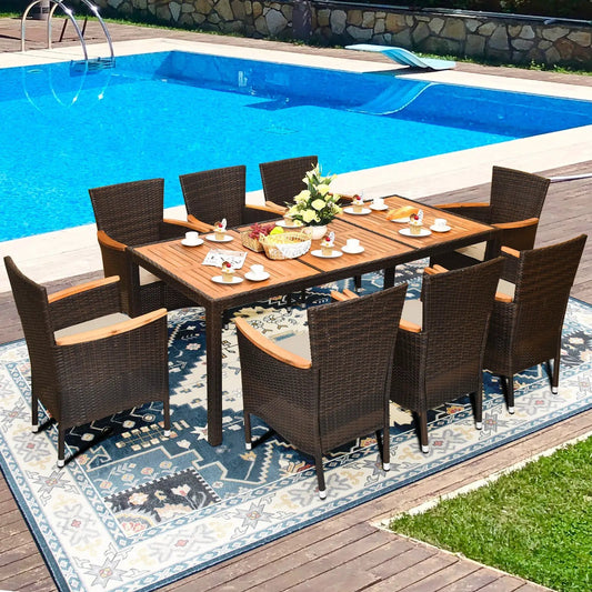 9-Piece Rattan Dining Set with Acacia Wood Table