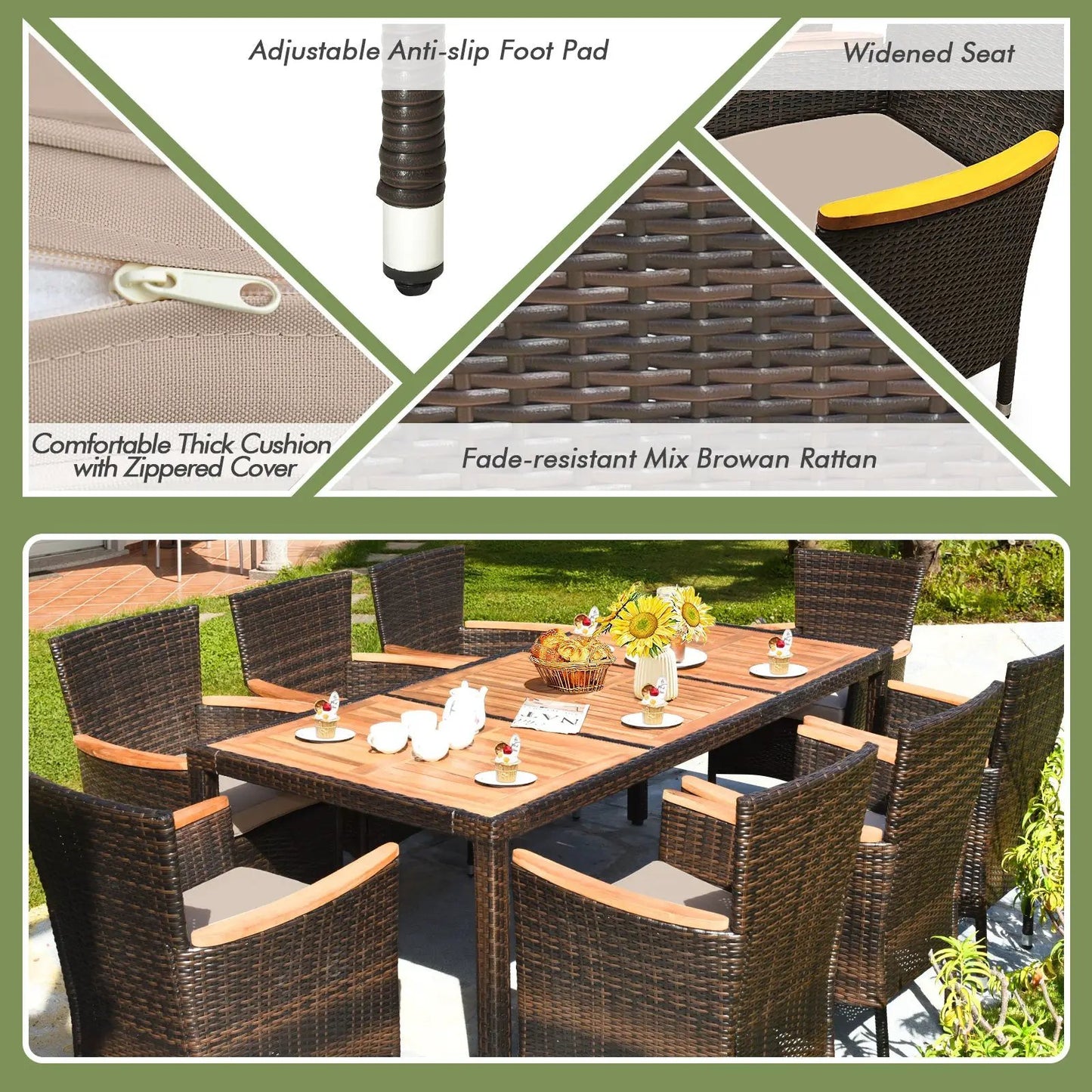 9-Piece Rattan Dining Set with Acacia Wood Table DirectDeals, brown wicker on Tampa Home & Garden Store