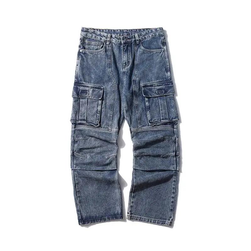 Washed distressed multi-pocket denim jeans, blue wide-leg straight trousers with cargo pockets on Tampa Home & Garden Store