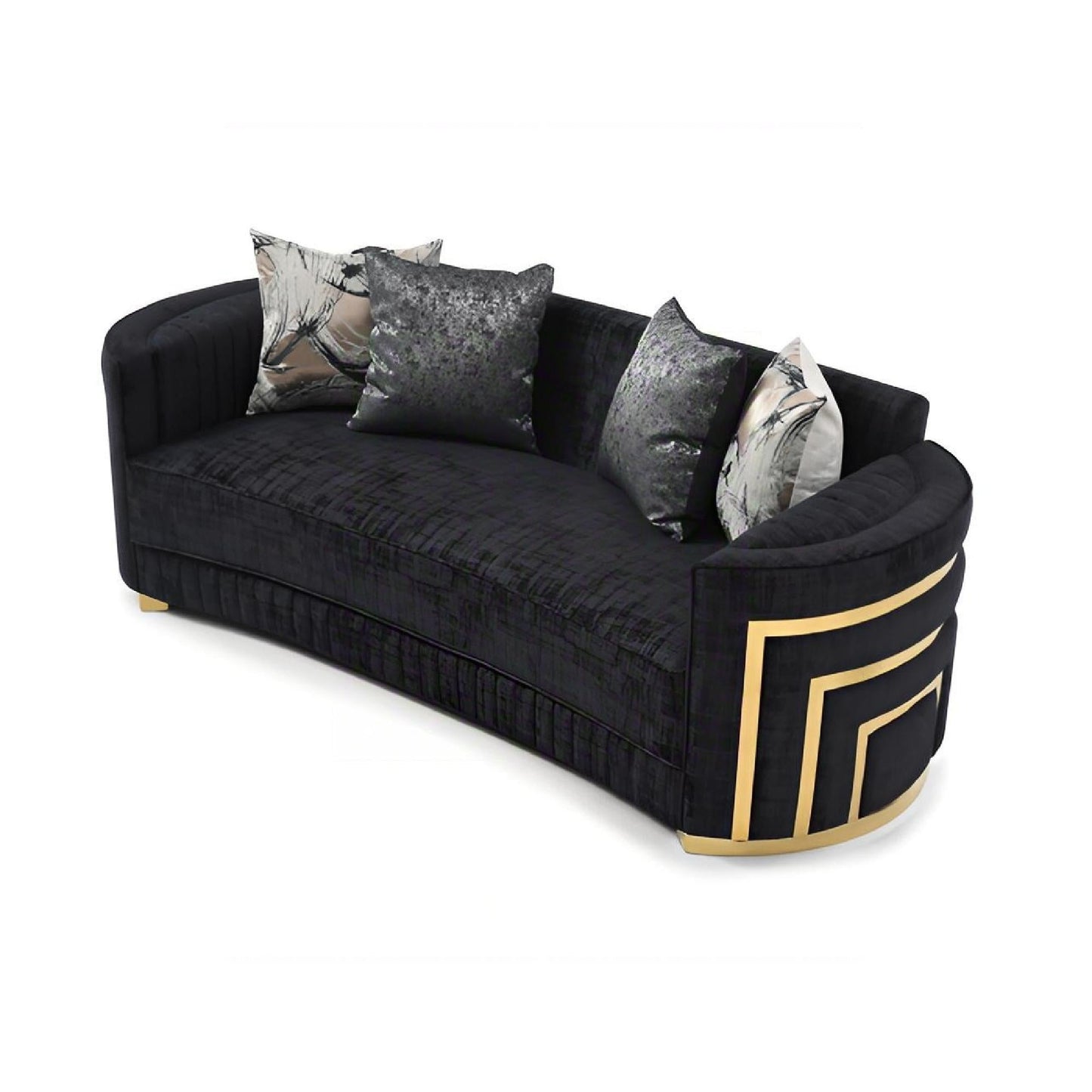 Soledad sofa in black upholstery with gold geometric trim and patterned cushions on Tampa Home & Garden Store