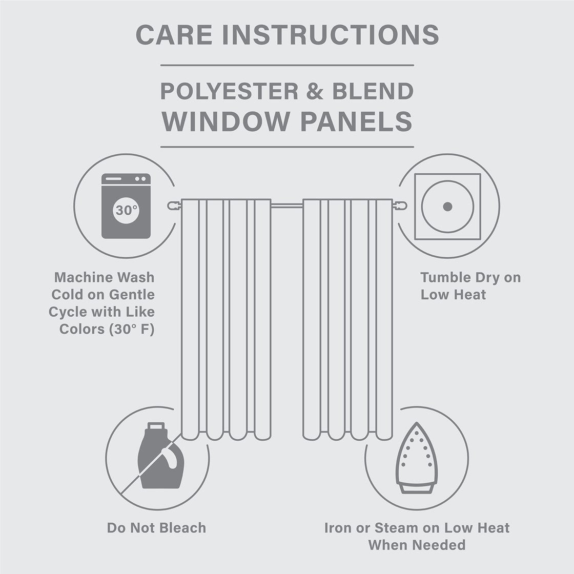 Curtain care instructions diagram with washing icons for HouseOfZazla green plaid fleece panels on Tampa Home & Garden Store