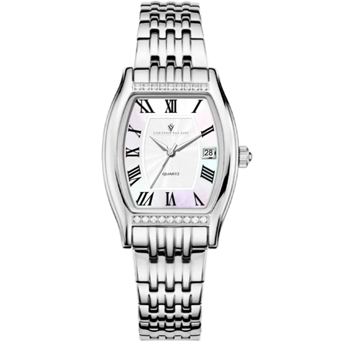 Christian Van Sant Gemma women's quartz watch with silver bracelet, Roman numerals, date window on Tampa Home & Garden Store