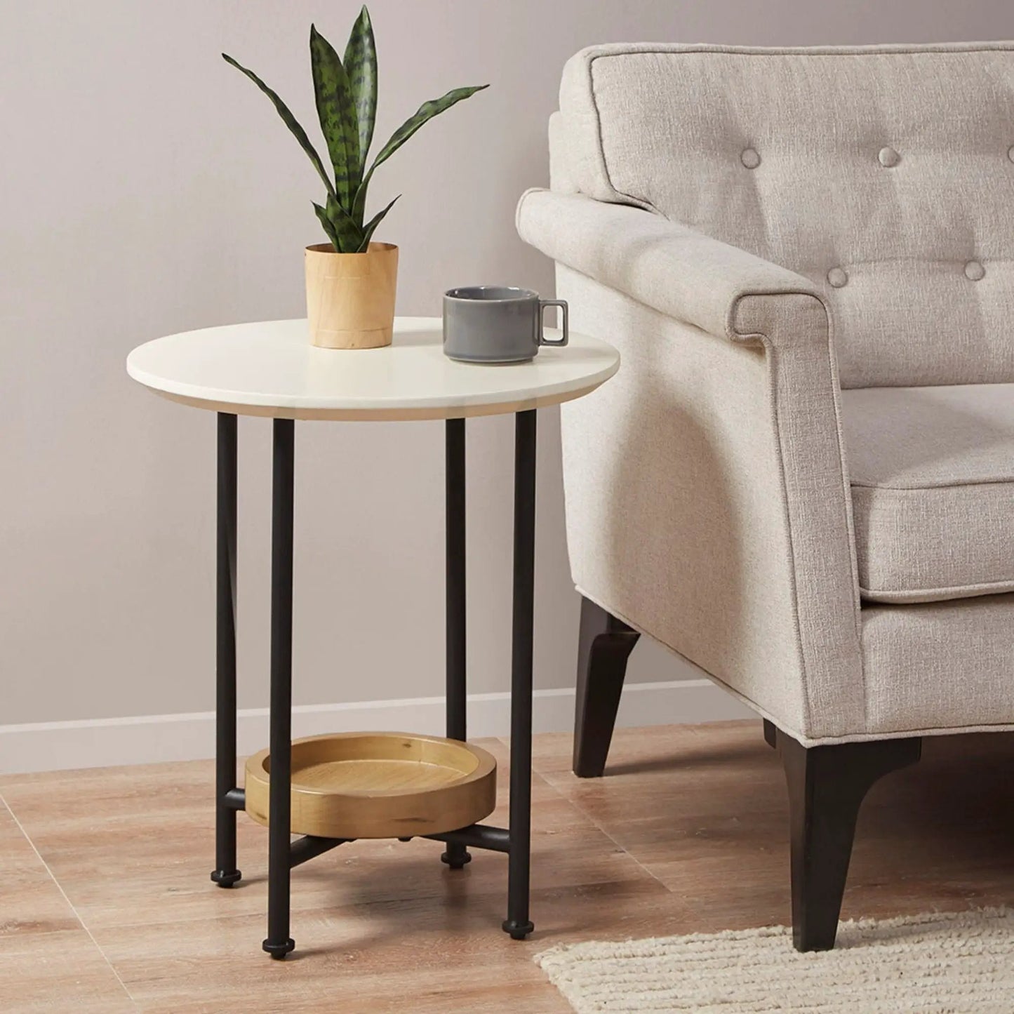 Oval End Table in White and Natural Tone
