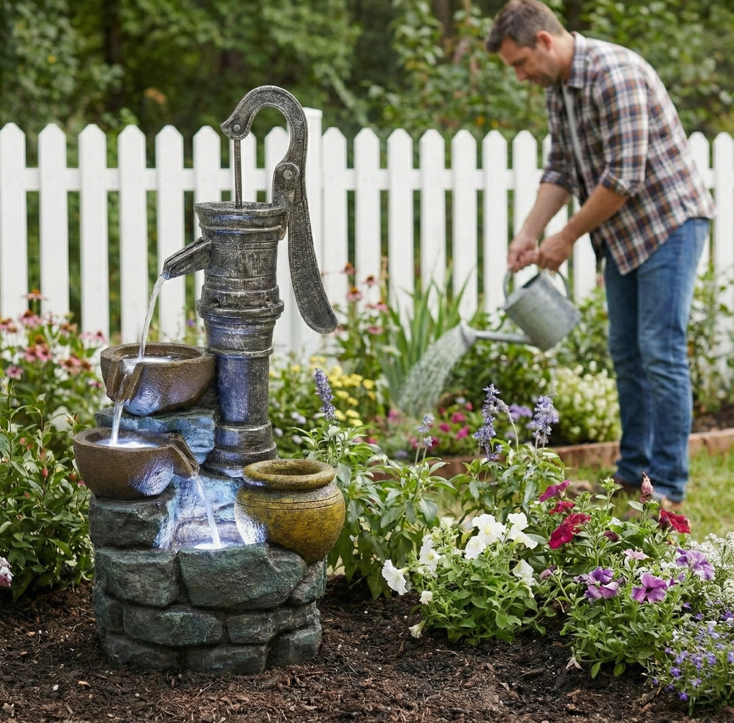 32'' H Outdoor Fountain with Vintage Pump in weathered metal garden centerpiece on Tampa Home & Garden Store