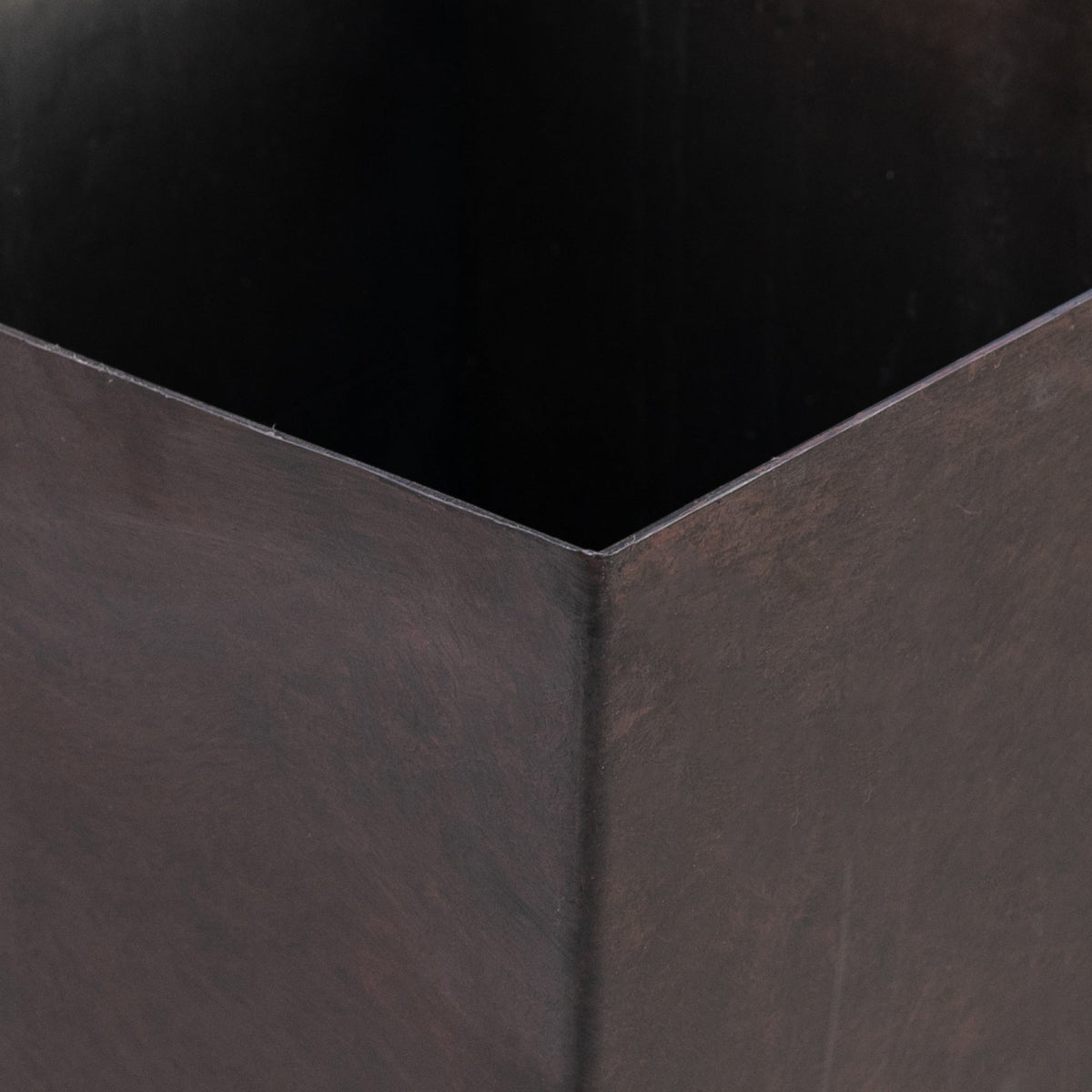Planter box interior in dark brown wood with visible grain and angled corners on Tampa Home & Garden Store