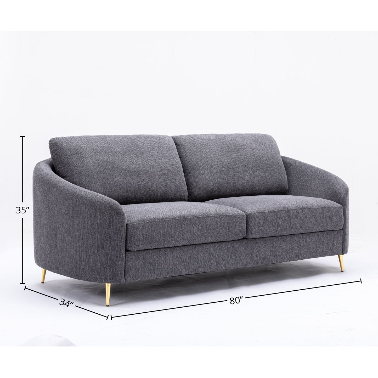 Yuina Linen Sofa in gray, stationary sofa by HouseOfZazla with rounded arms and slim gold legs on Tampa Home & Garden Store