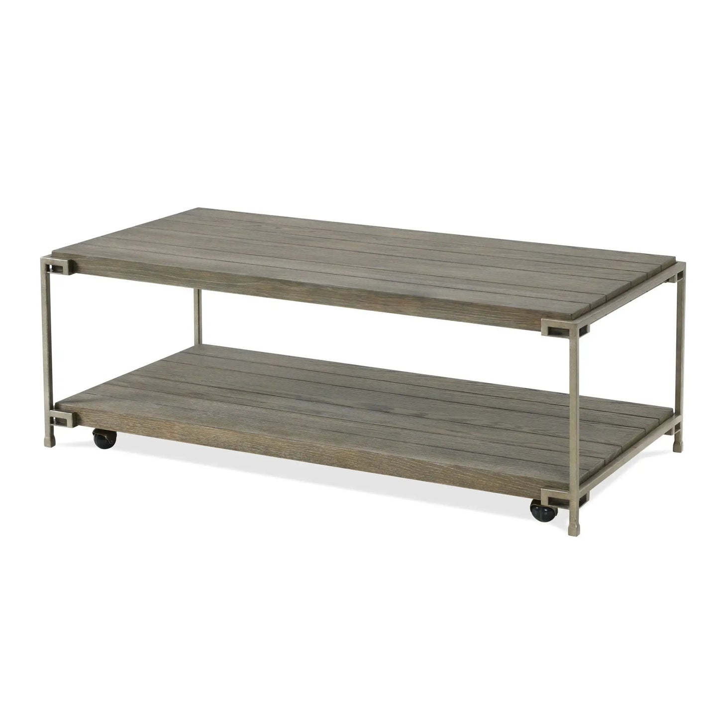 Corbeta 3-piece metal frame wood coffee table with two chairside tables in aged graphite brown finish on Tampa Home & Garden Store