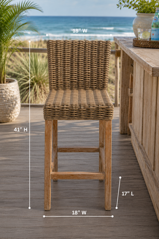 Key Largo Rattan Bar Stool in natural brown with wooden legs on Tampa Home & Garden Store