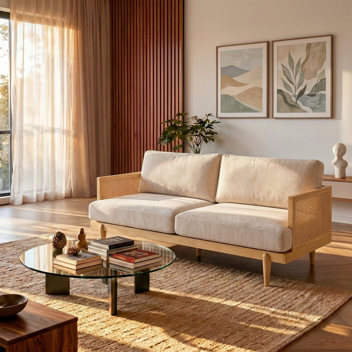 Emir 72in 3-seater boucle sofa with cane rattan and wooden frame creamy upholstery on Tampa Home & Garden Store