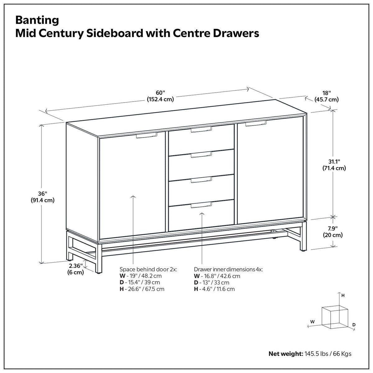 Banting Sideboard With Centre Drawers Oak Finish central drawers and side doors on Tampa Home & Garden Store