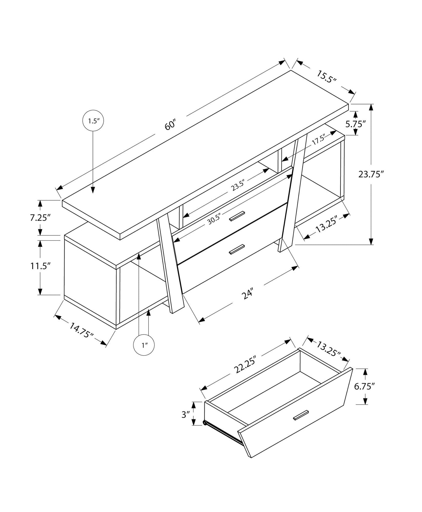 TV stand console with taupe storage drawers, HouseOfZazla, dimensional schematic on Tampa Home & Garden Store
