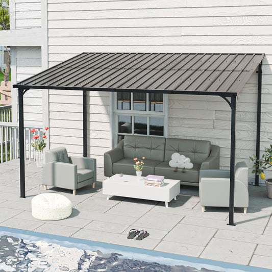 Outdoor pergola 12' x 8' galvanized steel lean-to with ribbed roof over patio seating on Tampa Home & Garden Store