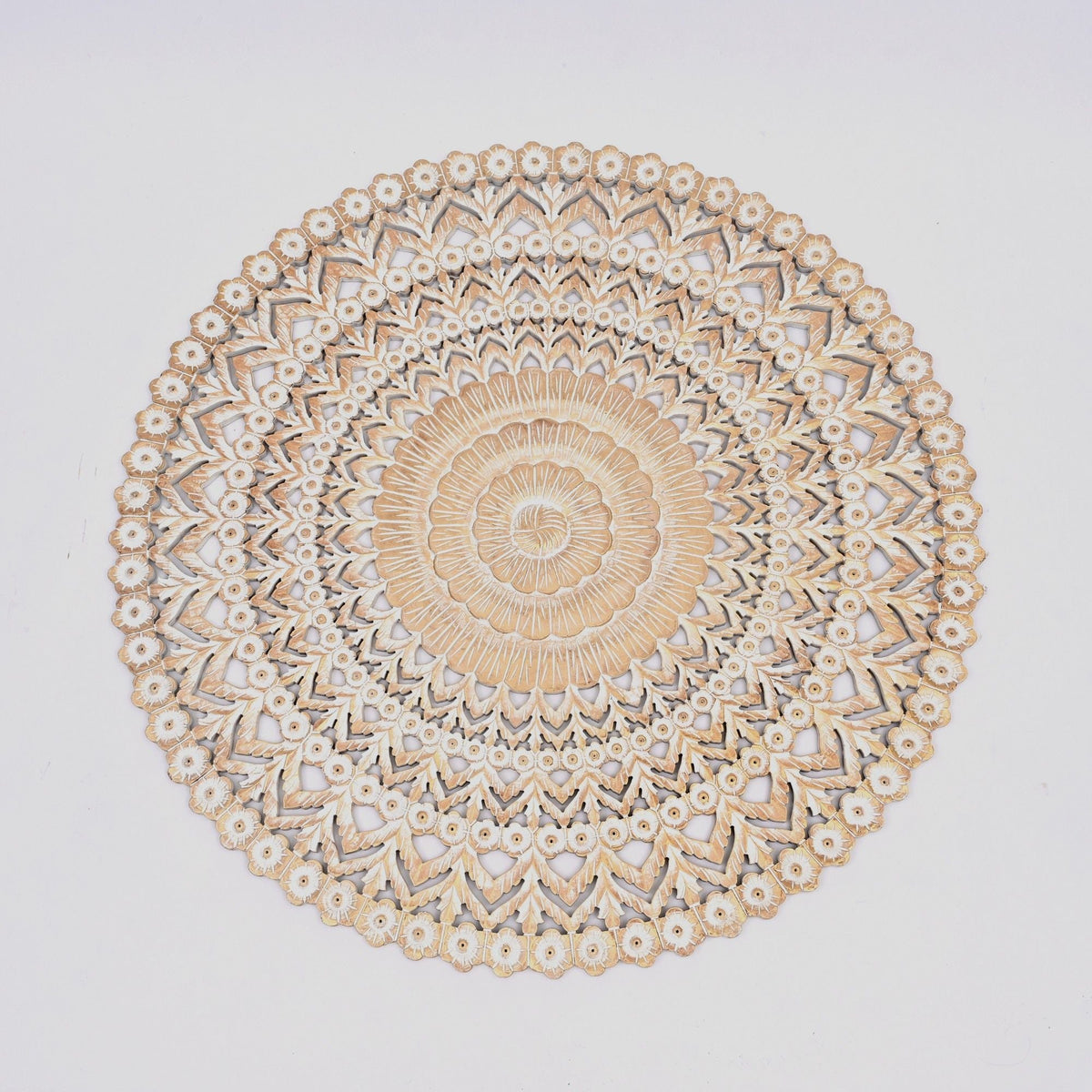 Floral hand carved mandala wall decor by HouseOfZazla in brown and antique white on Tampa Home & Garden Store