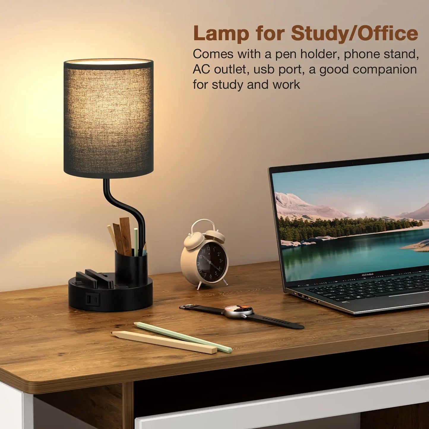 Moktan Sabai bedside lamp with dark fabric shade and black base with USB-C/USB-A outlets on Tampa Home & Garden Store