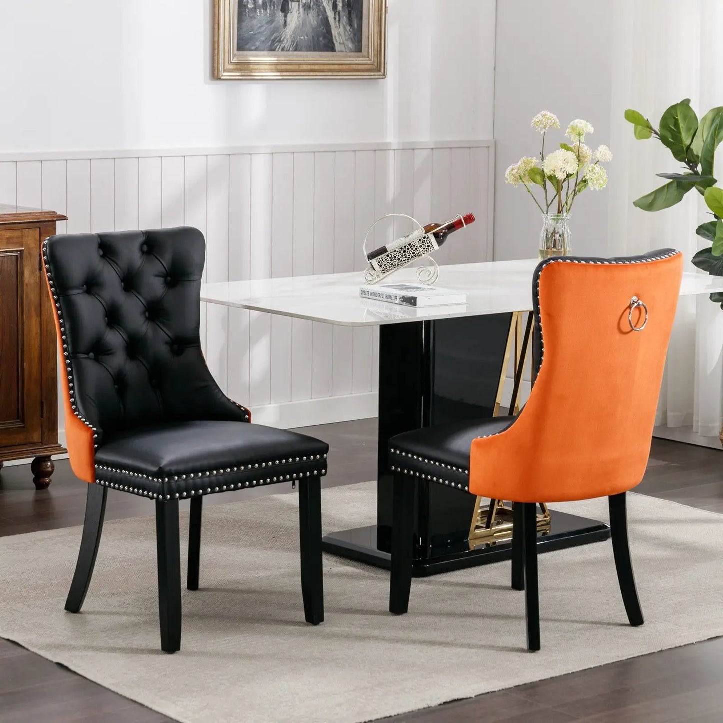 Nikki Modern Upholstered Dining Chair Set of 2 with black and orange tufted backs on Tampa Home & Garden Store