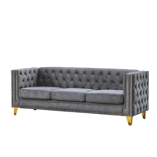 Upholstered sofa by HouseOfZazla with button tufting, gray fabric, nailhead trim on Tampa Home & Garden Store