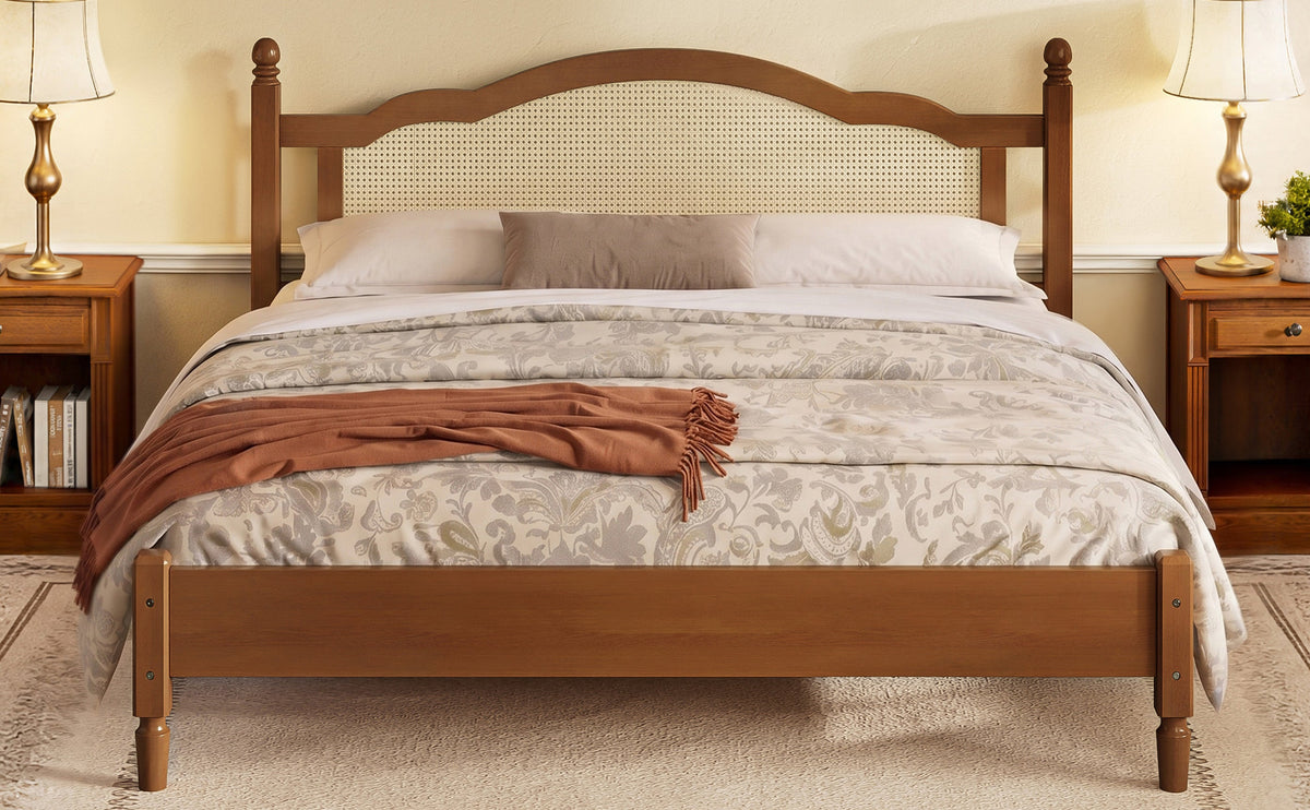King Size Wooden Platform Bed with Rattan Headboard in warm wood; two nightstands, HouseOfZazla on Tampa Home & Garden Store