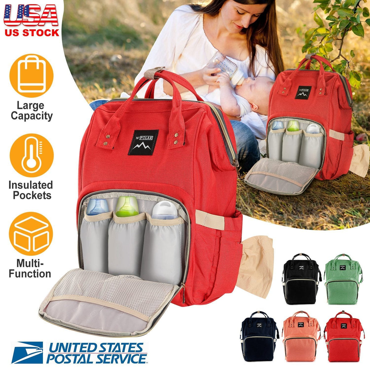 GemGear Mummy Diaper Bag Backpack red water-resistant capacity with insulated bottle pockets on Tampa Home & Garden Store