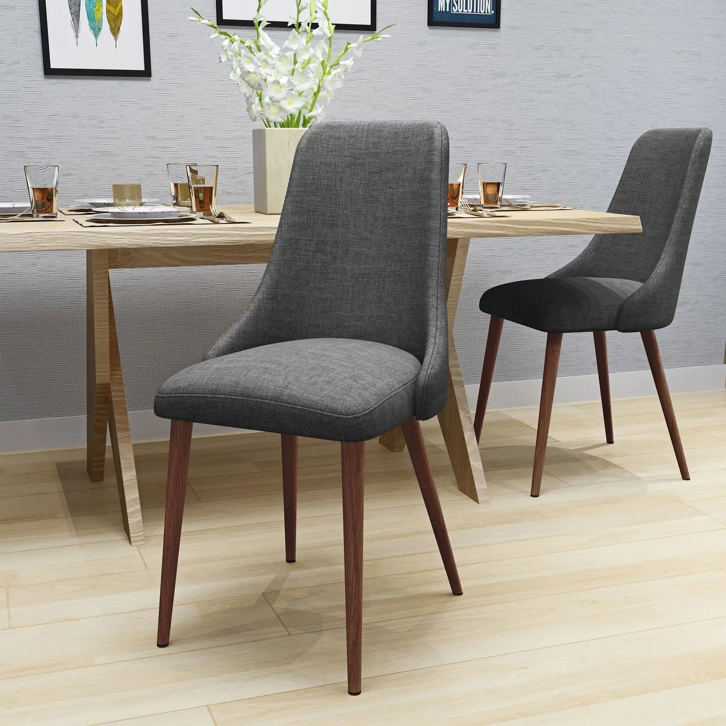 Mid Century Modern Fabric Armless Dining Chair set, gray upholstery with wooden legs on Tampa Home & Garden Store