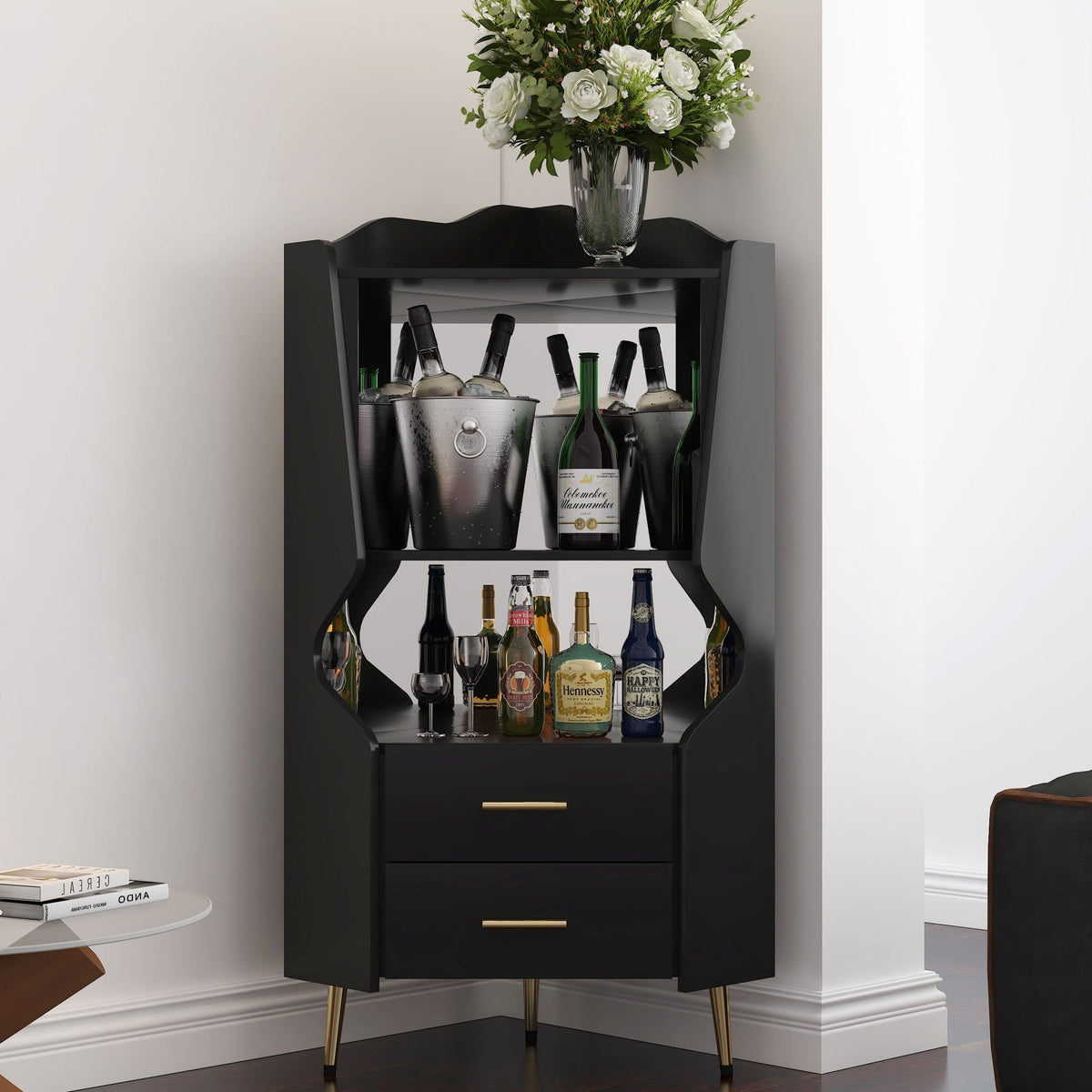 Corner bar cabinet with mirrored back, black finish, wine shelves, gold legs by HouseOfZazla on Tampa Home & Garden Store