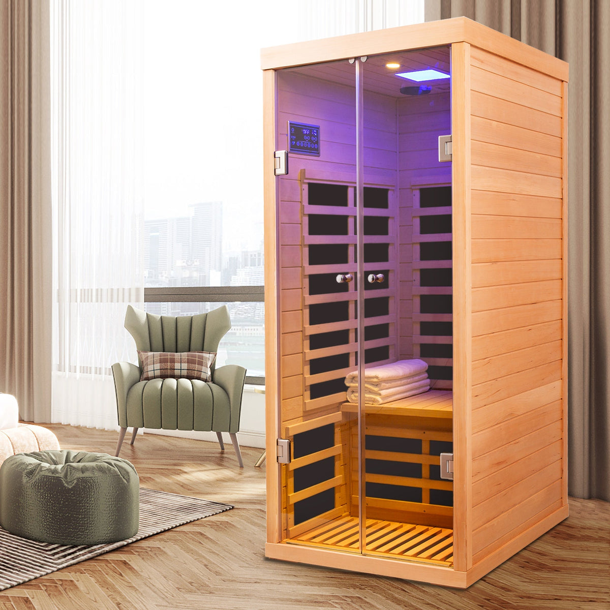 Low EMF infrared double sauna in natural wood with glass doors, Bluetooth and LED lighting on Tampa Home & Garden Store