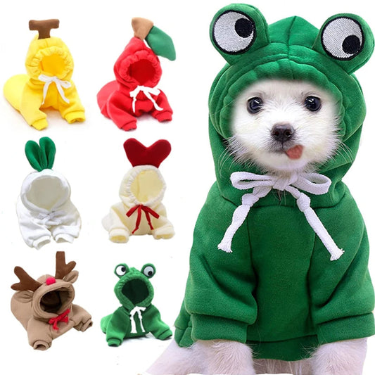Frog hoodie dog coat for small dogs in green fleece with white drawstrings Pet Zen fruit hoodies on Tampa Home & Garden Store