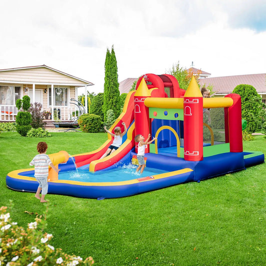 9-in-1 Inflatable Bounce Castle with Water Slide in bright red/yellow/blue with splash pool on Tampa Home & Garden Store