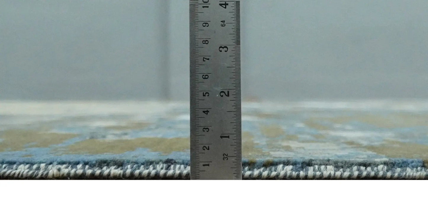 Area Rug 9x12 hand-knotted beige and blue modern wool-silk blend shown with scale ruler on Tampa Home & Garden Store