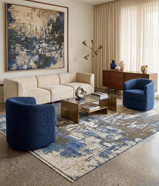 9x12 Hand Knotted Beige and Blue Modern Rug with abstract pattern in a contemporary living room on Tampa Home & Garden Store
