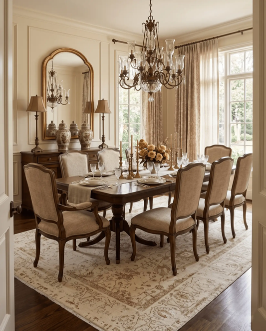 Area rug 9x12 hand knotted beige and brown Persian design under a formal dining table on Tampa Home & Garden Store