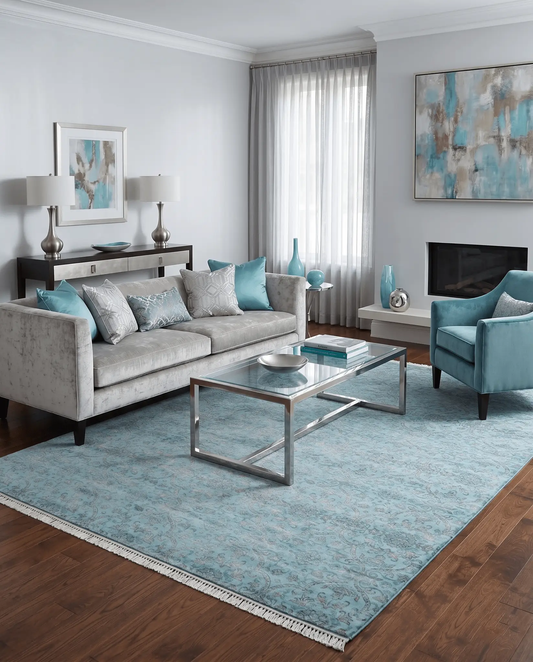 Area Rug 9x12 blue brown Persian wool-silk with traditional motif on Tampa Home & Garden Store