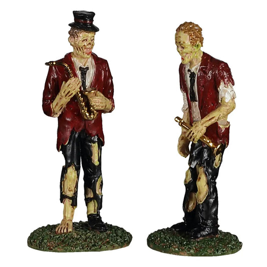 Chilling Band of Two Figurines polyresin two musicians in red jackets with saxophones on Tampa Home & Garden Store
