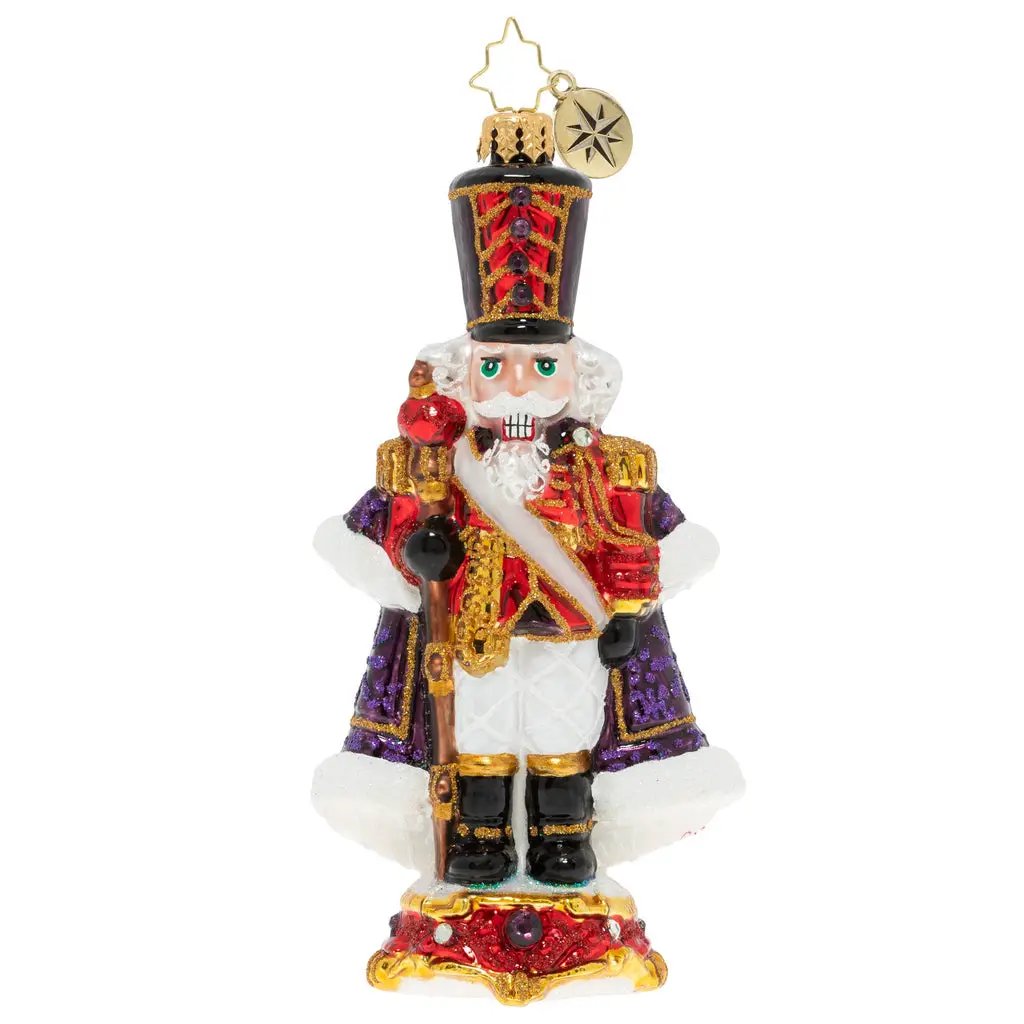 Stoic Soldier Nutcracker Ornament red and gold glitter glass by The Country Christmas Loft on Tampa Home & Garden Store