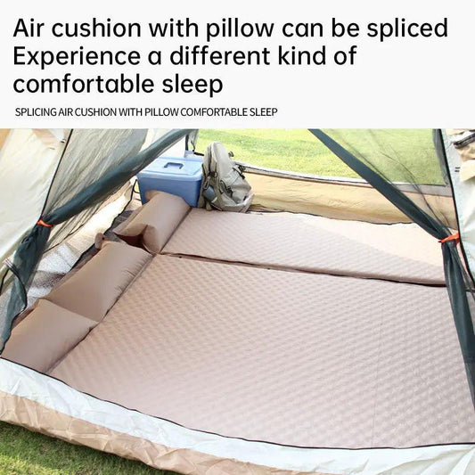Camouflage self-inflating camping mattress pillow inside tent with beige air mattress on Tampa Home & Garden Store