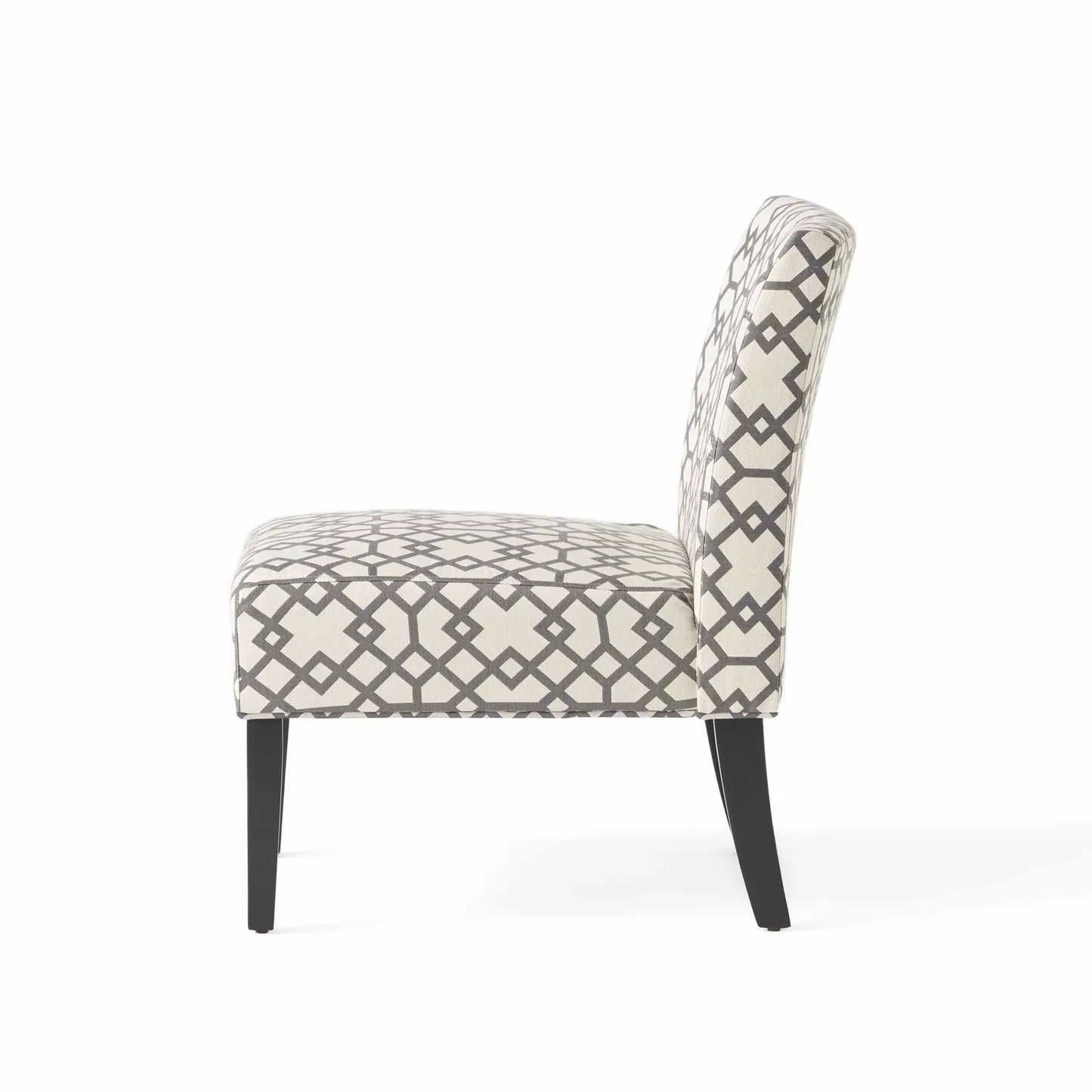 Grey and ivory upholstered accent chair with geometric lattice pattern and black legs on Tampa Home & Garden Store