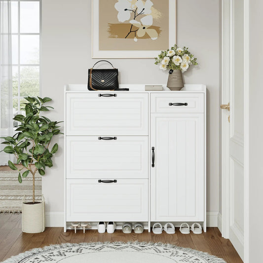 White shoe cabinet with 4 doors and 1 drawer, white finish with black hardware in a hallway on Tampa Home & Garden Store
