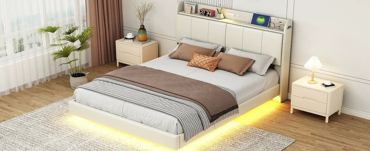 Queen floating bed frame with storage headboard and under-bed LED glow, two nightstands on Tampa Home & Garden Store