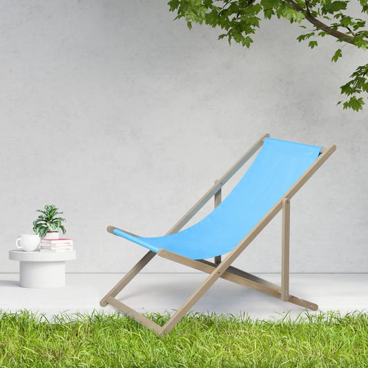 Beach sling folding patio chair set of 2 with blue fabric and wood frame in outdoor scene on Tampa Home & Garden Store