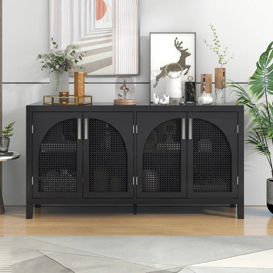 Trexm large storage sideboard with black finish and rattan doors, four woven front panels on Tampa Home & Garden Store