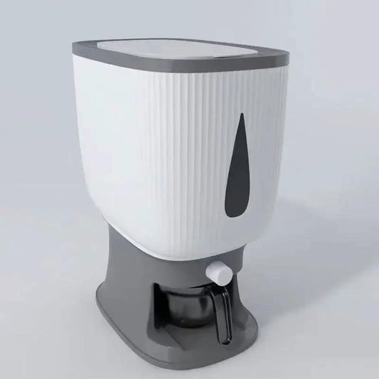 Rice dispenser storage container 10kg with lid white ribbed body gray base and spout lever on Tampa Home & Garden Store