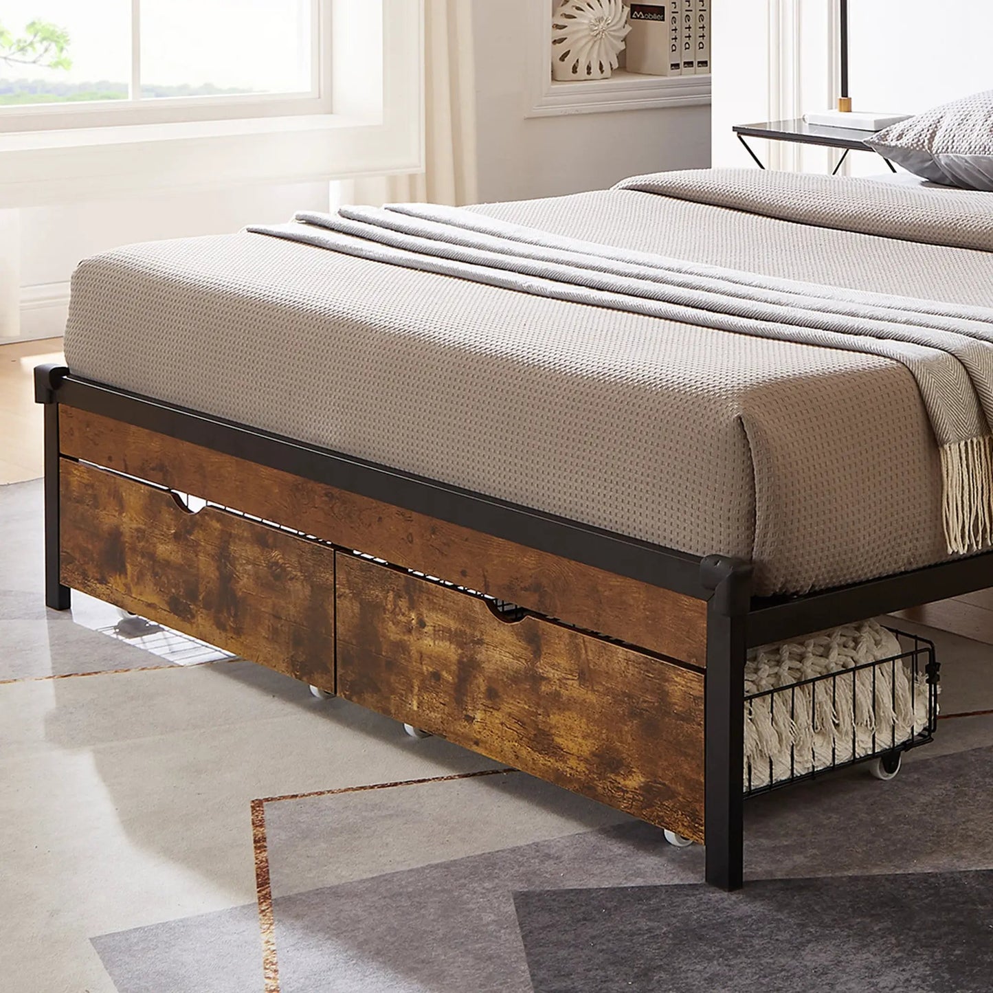 Queen bed with drawers in black and brown, modern platform bed with wood drawers on Tampa Home & Garden Store