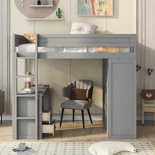 Wood loft bed with wardrobes and a two-drawer desk in gray on Tampa Home & Garden Store