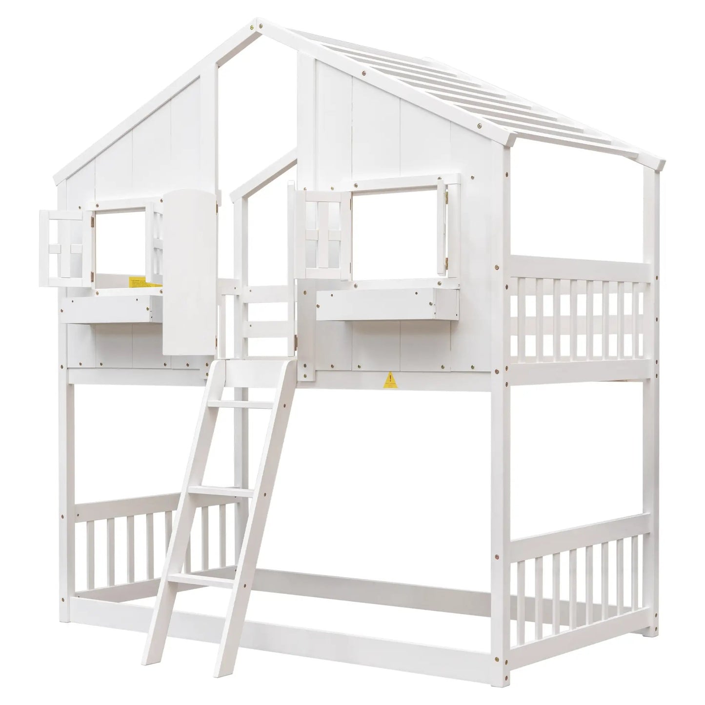 Twin over twin bunk bed with roof and ladder, white wooden frame on Tampa Home & Garden Store