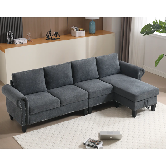 Convertible sectional sofa with storage, gray fabric, L-shaped nailhead trim and black legs on Tampa Home & Garden Store