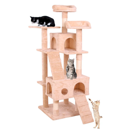 Cat Climbing Frame Creamy White Velvet cat tree with multiple levels, ramps and arches; 3 cats shown on Tampa Home & Garden Store